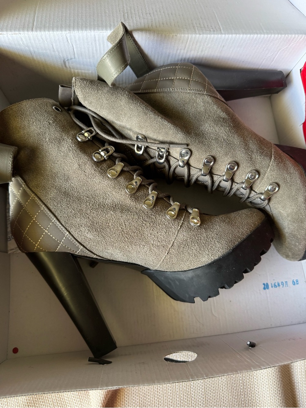 Guess Womens Taupe Suede Lace-Up High Heel Ankle Boots